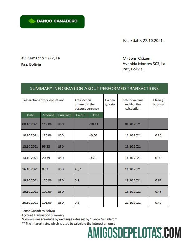 Modelo de extrato bancário do Bolívia Banco Ganadero para download, formato Word e PDF